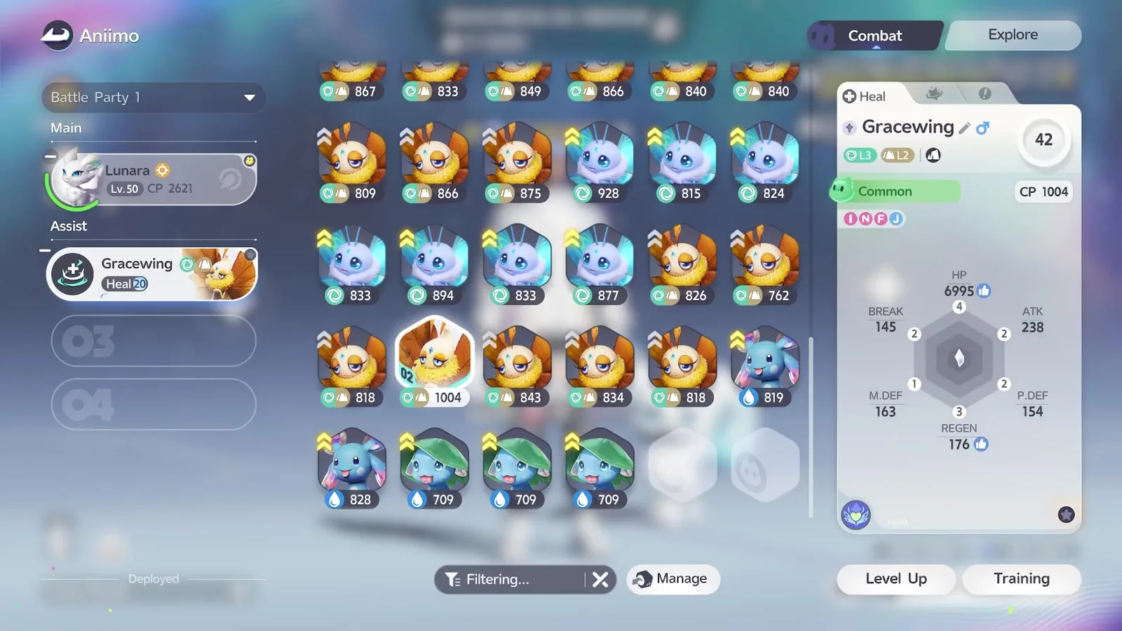 The Aniimo box during Egg Heist squad selection: Lunara Lv.50 CP 2621 in the Main slot and Gracewing carrying a Heal 20 badge in the first Assist slot, with the empty slots 03 and 04 below