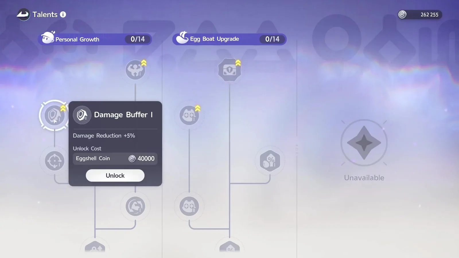 The Aniimo Egg Heist Talents screen with the Personal Growth and Egg Boat Upgrade trees at 0 of 14, and the Damage Buffer I node open showing Damage Reduction plus 5 percent for 40000 Eggshell Coin