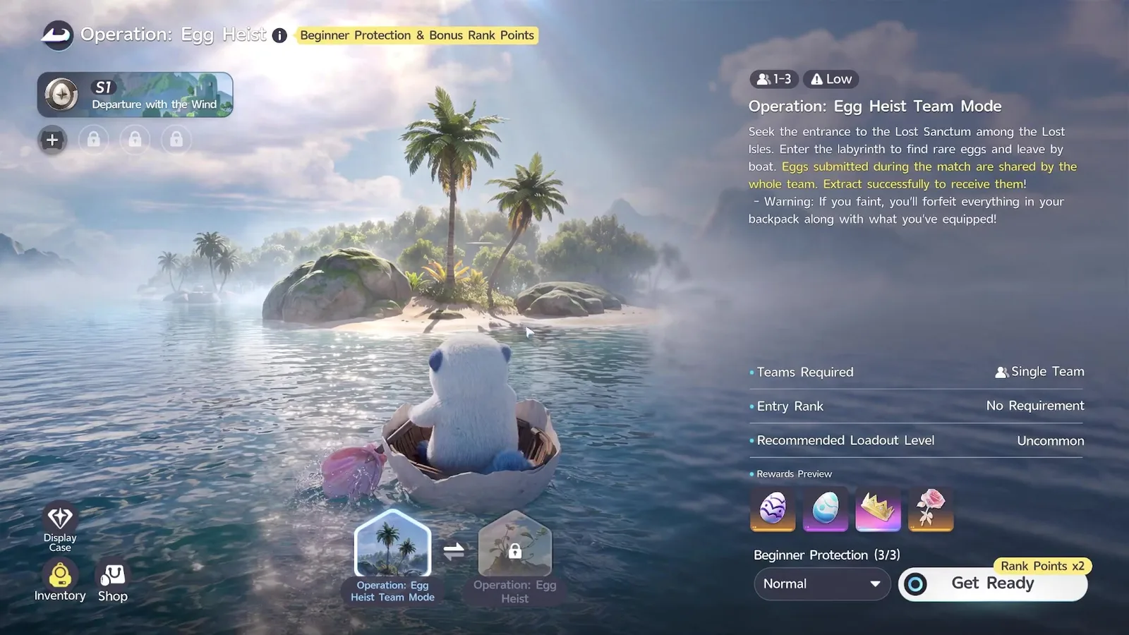 The Aniimo Operation: Egg Heist Team Mode panel with the badges 1-3 and Low, Teams Required Single Team, Entry Rank No Requirement, Recommended Loadout Level Uncommon and Beginner Protection 3 of 3