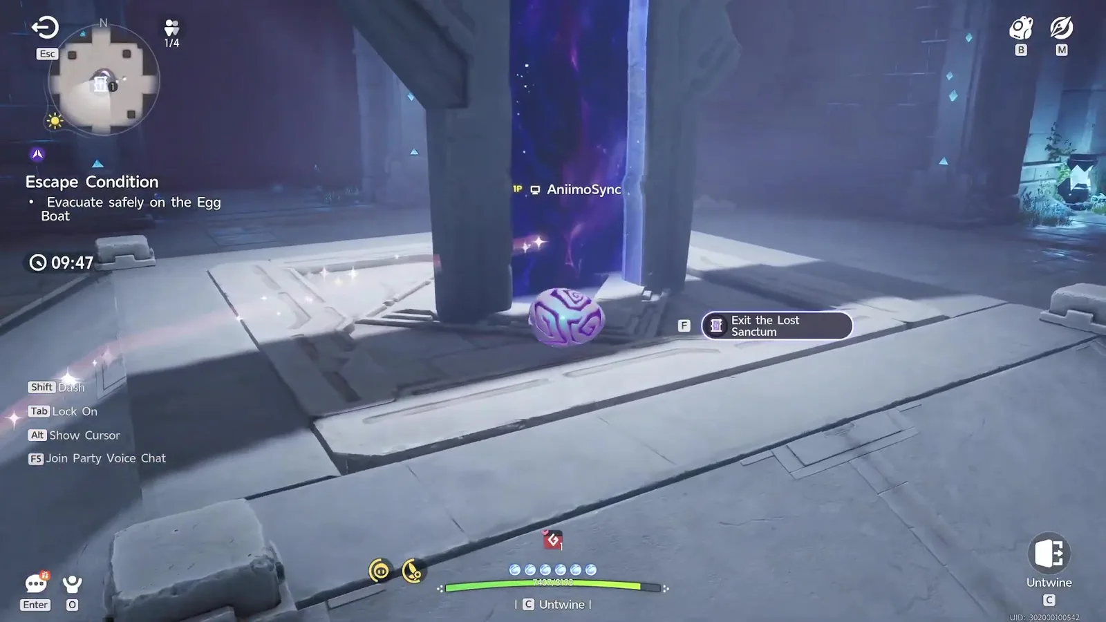 The player twined with an Umbral Aniimo Egg in Aniimo Egg Heist, rolling as a purple and white egg towards the Exit the Lost Sanctum teleport with the Untwine prompt on C
