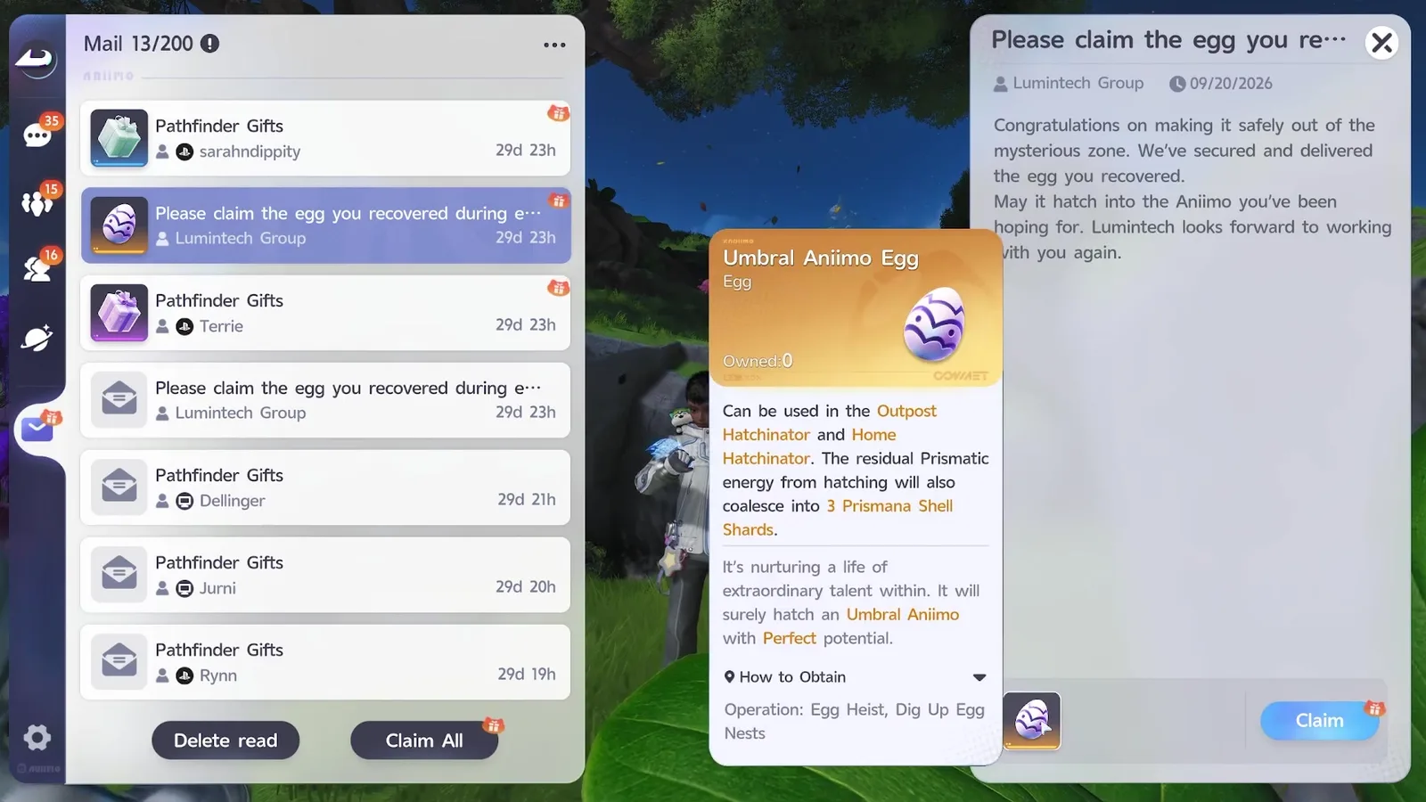 The Aniimo mailbox with the Lumintech Group message about a recovered egg open, and the Umbral Aniimo Egg tooltip reading it will surely hatch an Umbral Aniimo with Perfect potential