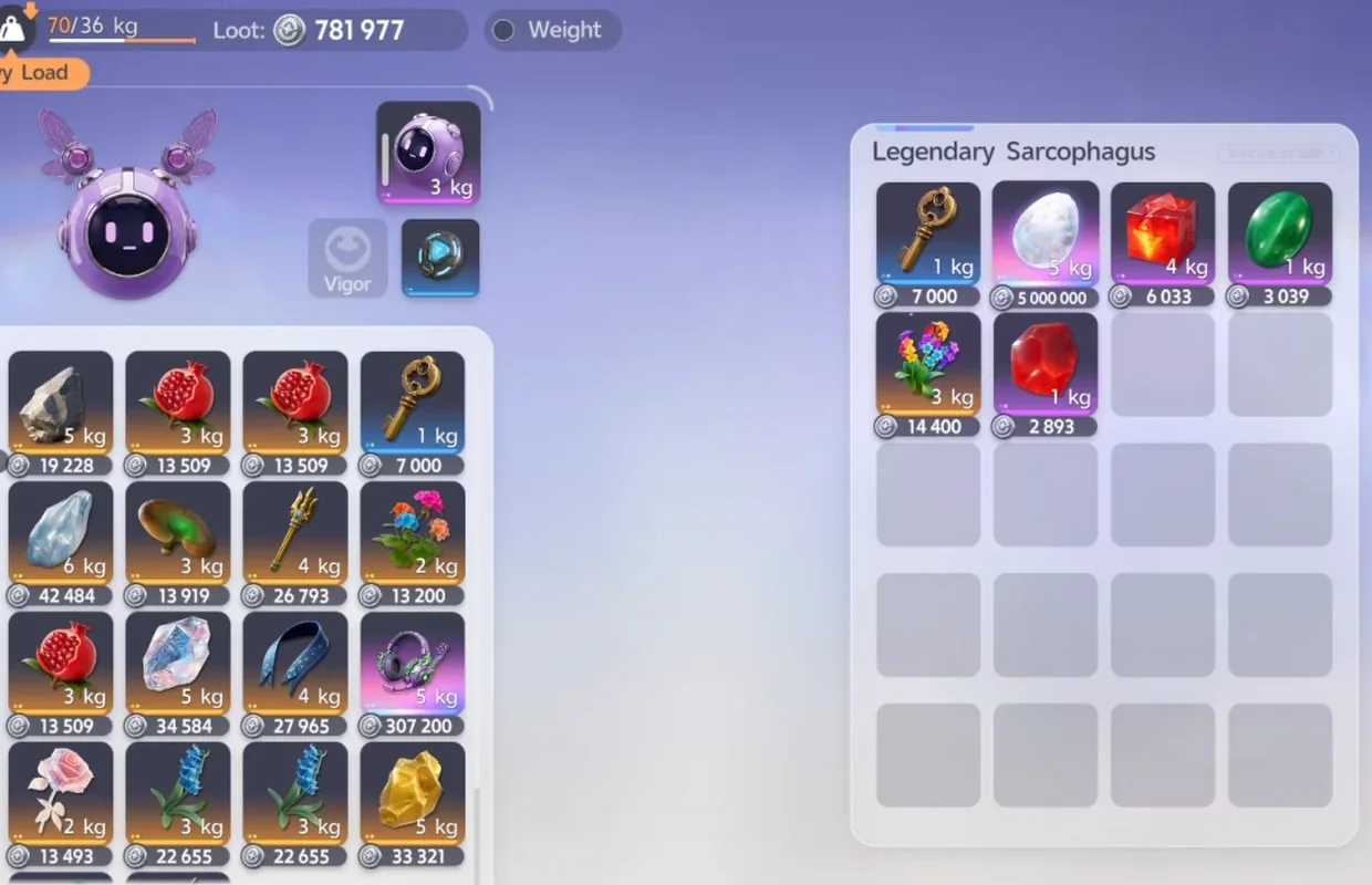 Aniimo Egg Heist Chaos inventory at 70 of 36 kg with 781,977 loot, and a Legendary Sarcophagus holding an egg valued at 5,000,000