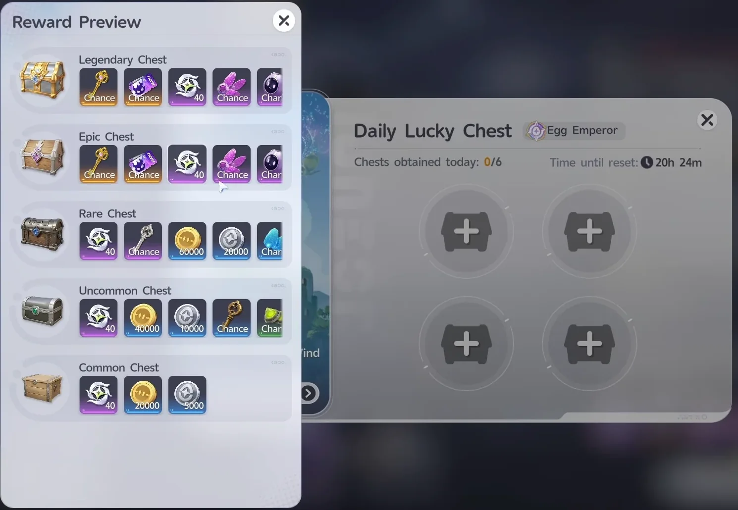 Aniimo Egg Heist Daily Lucky Chest at Egg Emperor, 0 of 6 chests today, four slots, beside the Reward Preview of Legendary, Epic, Rare, Uncommon and Common chests