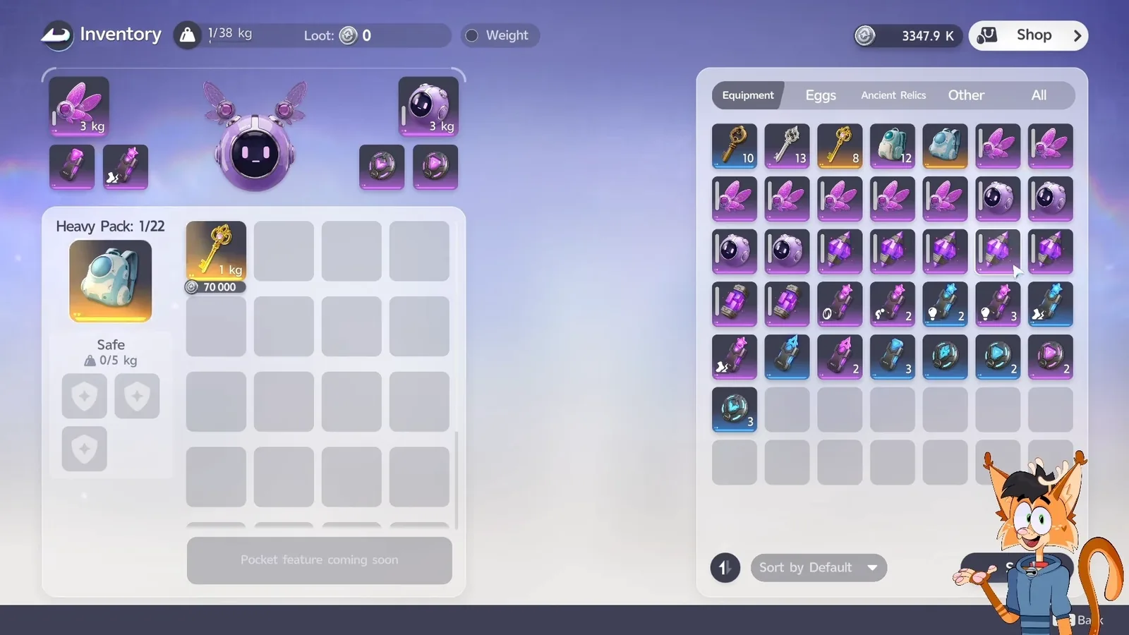 Aniimo Egg Heist inventory before a Normal run: Heavy Pack, Safe 0 of 5 kg, a gold key worth 70,000 and spare amplifiers and units with durability bars