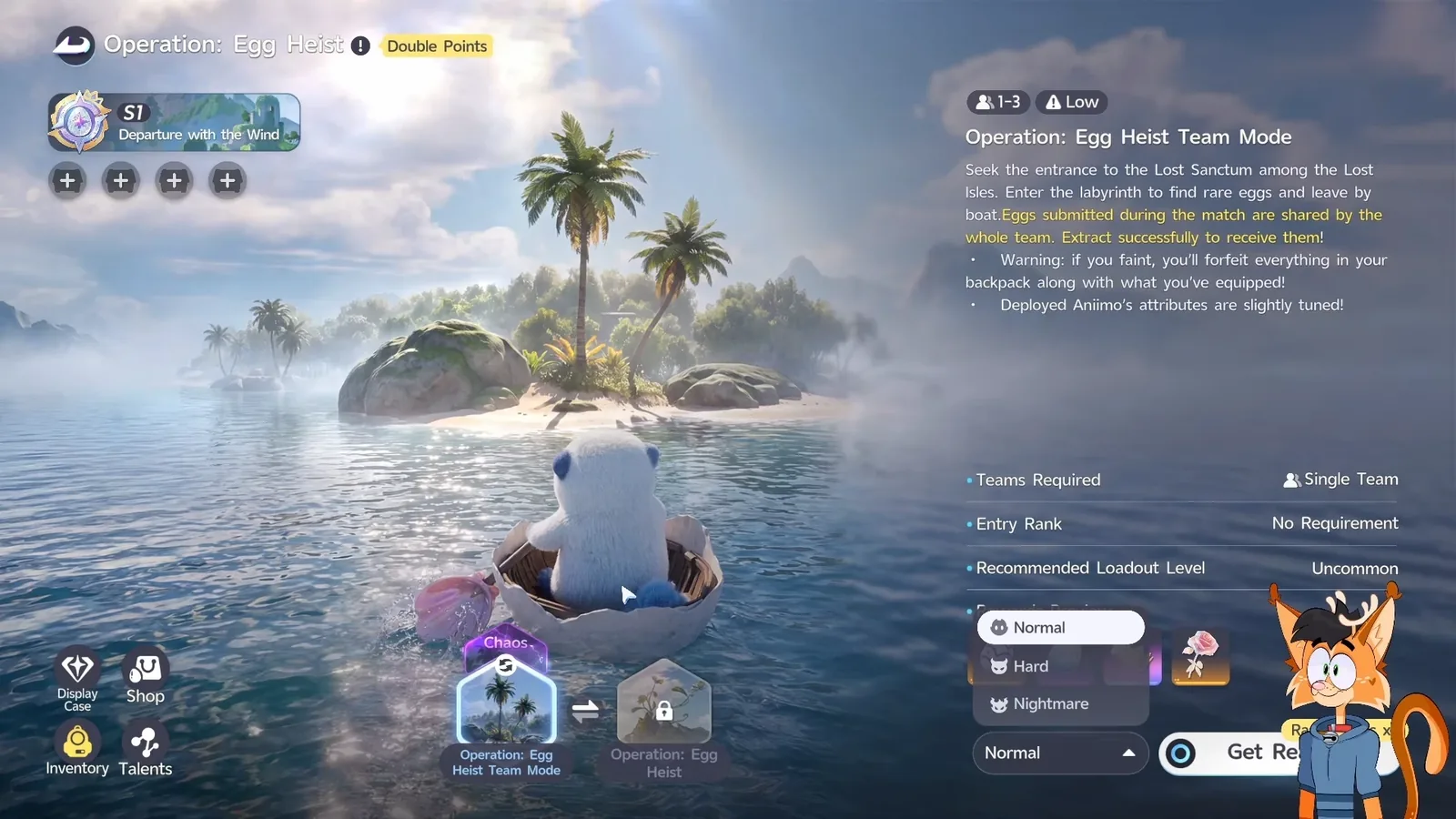 Aniimo Operation: Egg Heist Team Mode panel with Low danger, no entry rank and the difficulty menu open on Normal, Hard and Nightmare