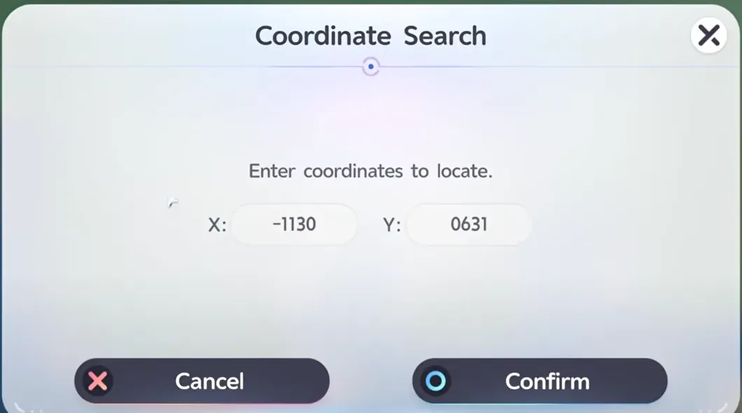 Aniimo map Coordinate Search window with X -1130 and Y 0631 entered, where menaceFT finds the Chirpi Alpha Egg