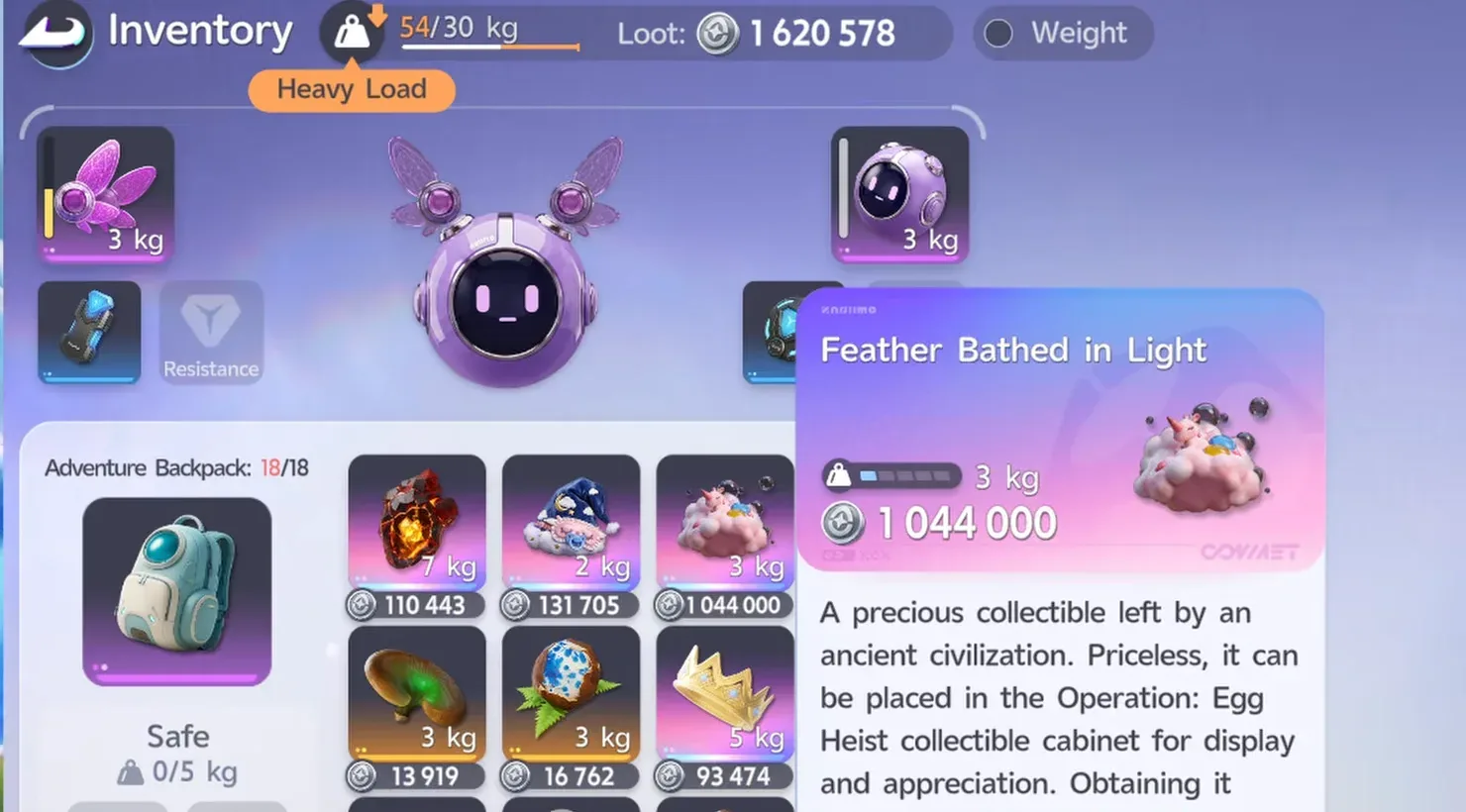 Aniimo Egg Heist inventory at 54/30 kg, Heavy Load, loot 1 620 578, with the Feather Bathed in Light collectible valued at 1 044 000
