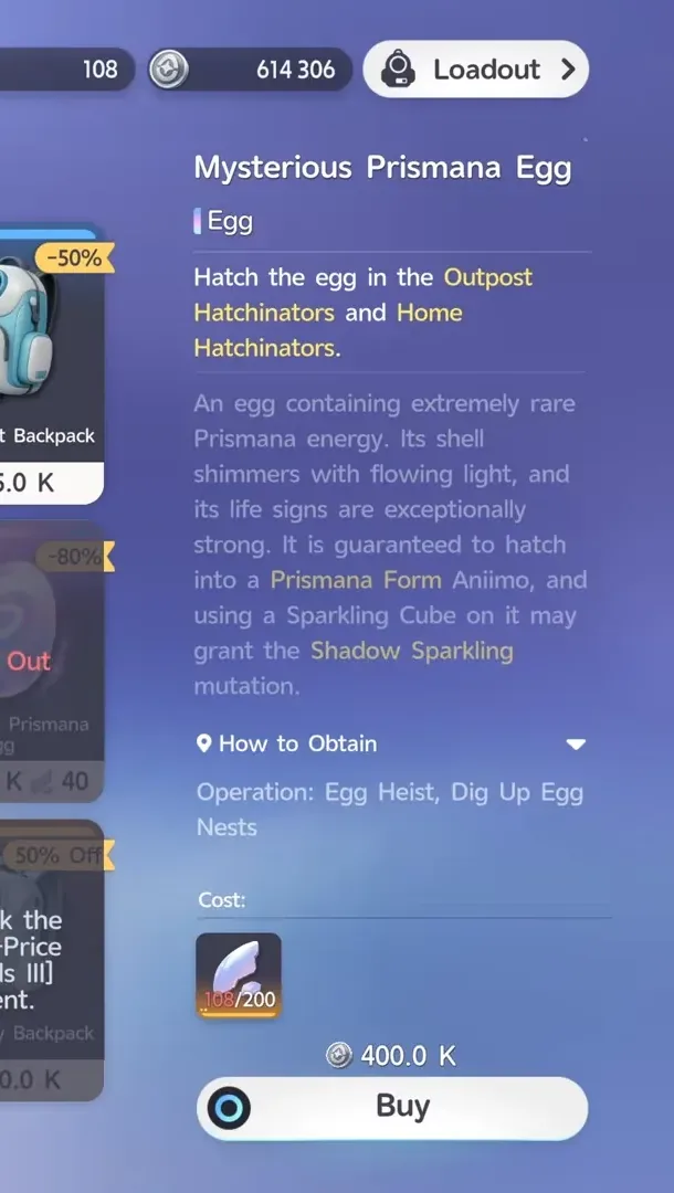 Aniimo Egg Heist Shop detail for the Mysterious Prismana Egg, cost 108 of 200 Prismana Shell Shards plus 400.0 K, with a Buy button