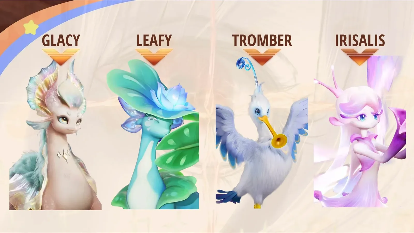Aniimo Egg Heist team card by menaceFT: Glacy, Leafy, Tromber and Irisalis side by side under their names