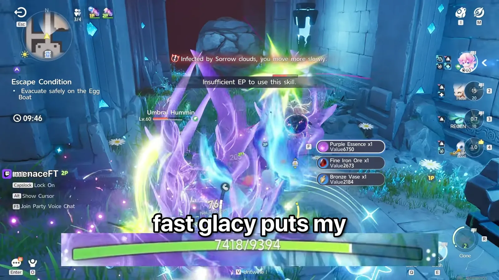 Aniimo Egg Heist fight against an Umbral Hummin with Irisalis’s HP bar back at 7418 of 9394 after Glacy’s Healing Water, Insufficient EP warning above