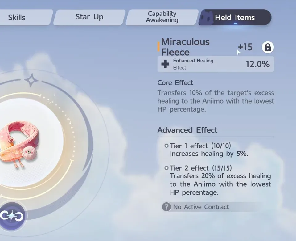 Aniimo Glacy Miraculous Fleece +15, Enhanced Healing Effect 12.0%, core effect transferring 10% of excess healing, Tier 2 transferring 20%