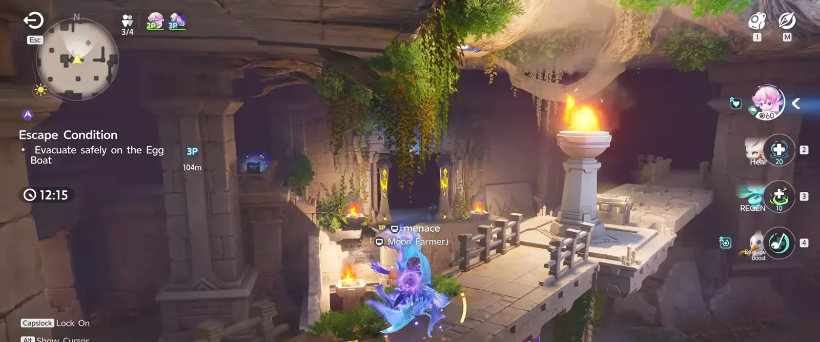 Aniimo Irisalis hovering in a Lost Sanctum room with a raised platform, the Egg Heist timer at 12:15, on the way to the golden chest