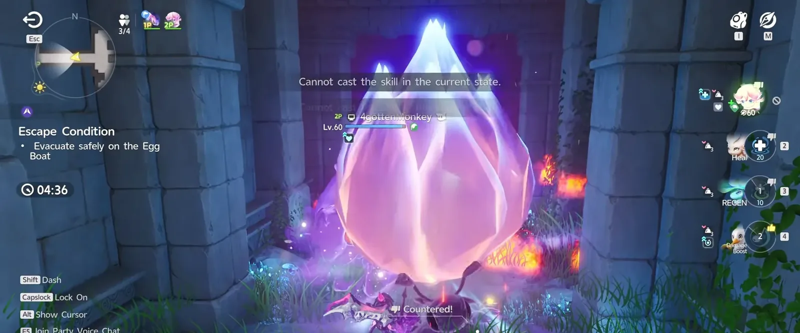 Aniimo Irisalis curled inside a glowing pink flower bud after fainting in Egg Heist, the Bloom Cluster self-revive, timer at 04:36