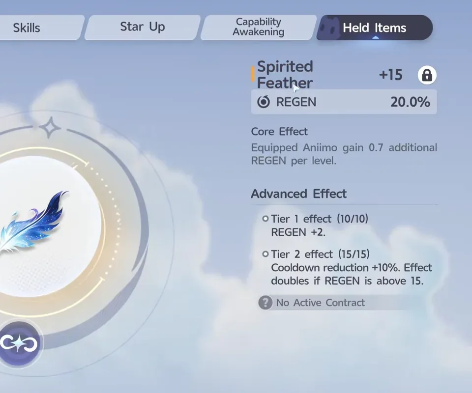 Aniimo Leafy holding a Spirited Feather +15, REGEN 20.0%, Tier 1 REGEN +2 and Tier 2 cooldown reduction 10% doubled above 15 REGEN, no active contract
