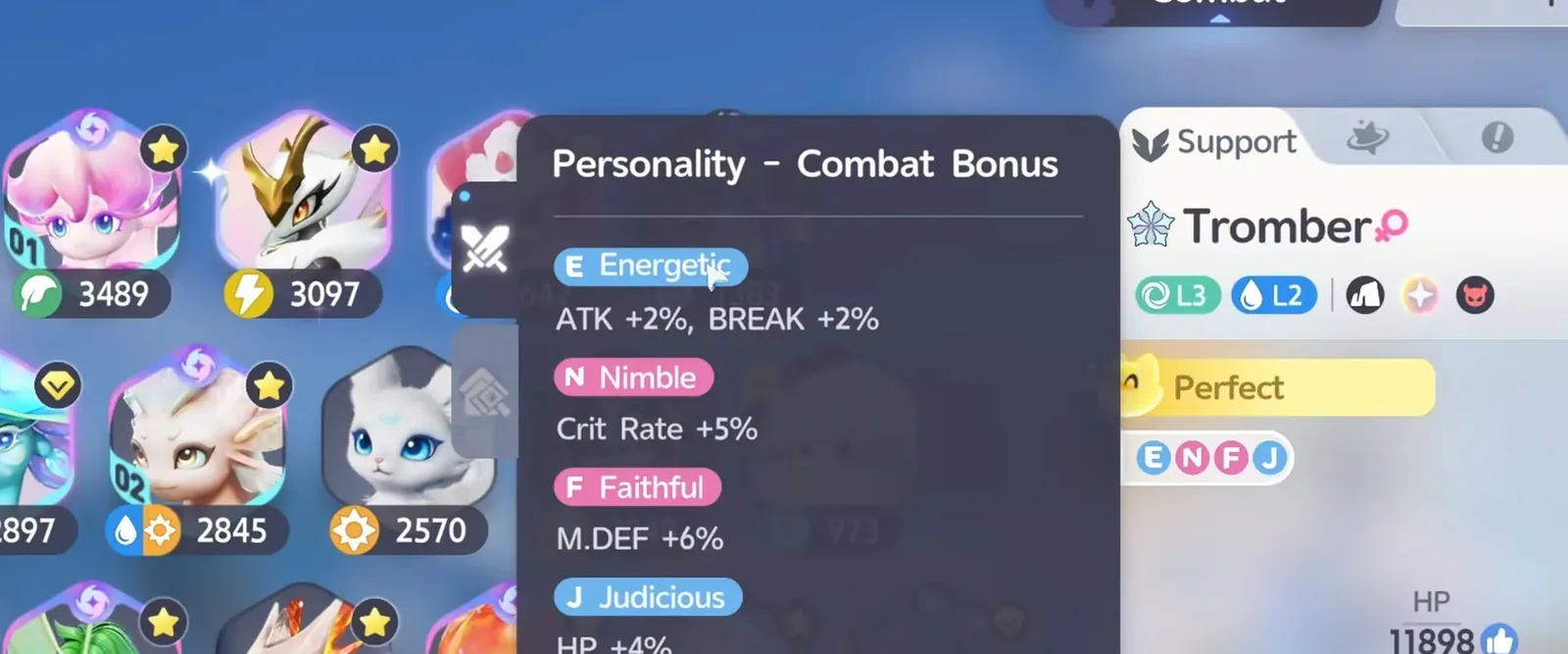 Aniimo Tromber Personality Combat Bonus panel for ENFJ: Energetic ATK +2% and BREAK +2%, Nimble Crit Rate +5%, Faithful M.DEF +6%, Judicious HP +4%