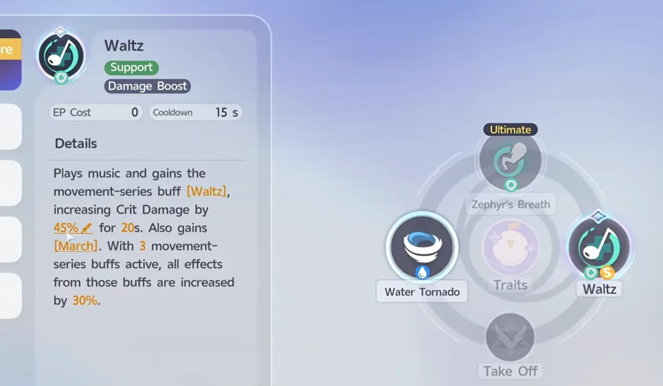 Aniimo Tromber Waltz card, Support and Damage Boost, EP Cost 0, Cooldown 15 s, Crit Damage 45% for 20s, also gains March