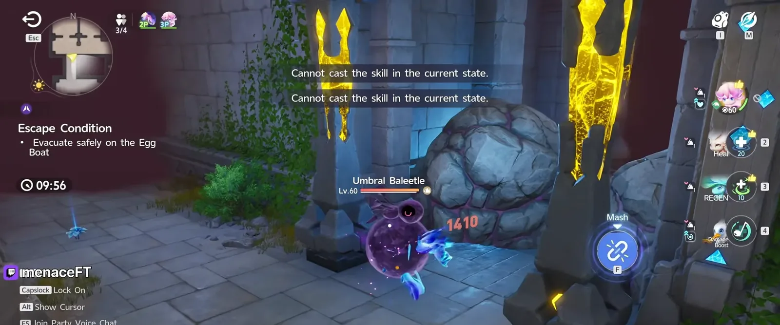 Aniimo Egg Heist Umbral Baleetle Lv.60 with the Pathfinder caught inside its ball, a Mash prompt on screen and skills disabled