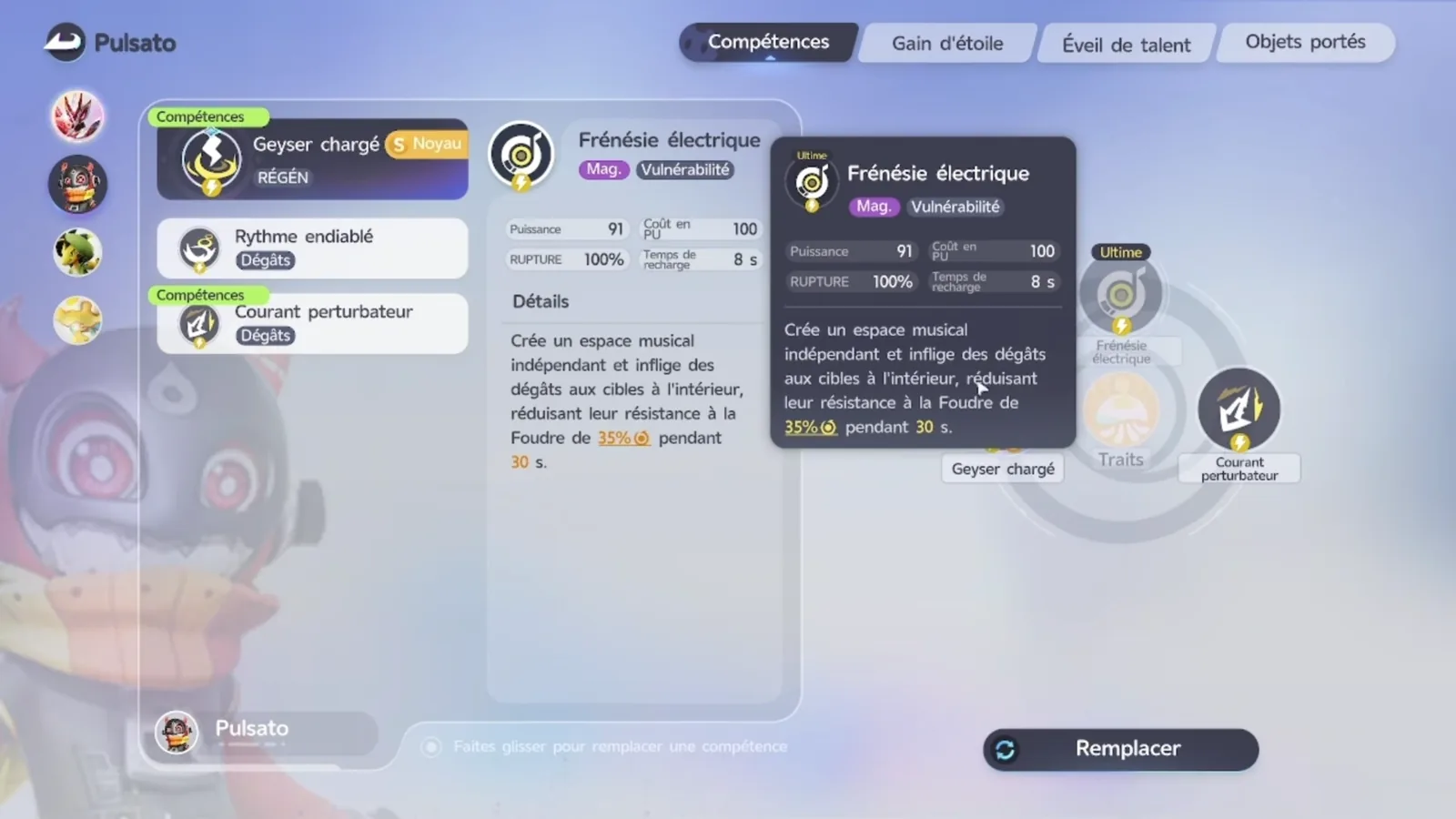 Besauce’s ultimate Electric Dance Frenzy in Aniimo: 91 power, 100 ultimate points, 8 s cooldown, targets’ Lightning RES reduced by 35% for 30 s