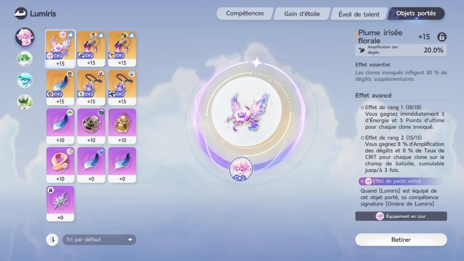 Floral Rainbow Feather +15 in Aniimo: clones deal 30% extra damage, 5 Energy and 5 ultimate points per clone, 8% Damage Amplification and 8% CRIT Rate per clone