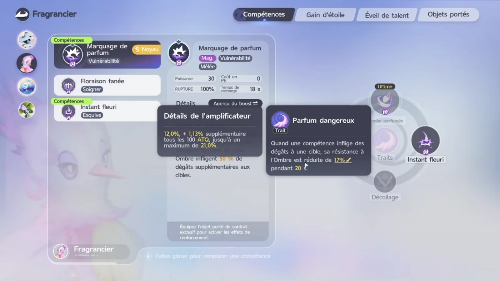 Fragrancier’s trait Dangerous Fragrance in Aniimo: a skill that deals damage cuts the target’s Dark RES by 17% for 20 s, amplifier 12.0% plus 1.13% per 100 ATK up to 21.0%