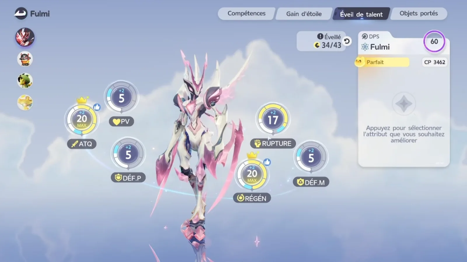 Fulmintis Capability Awakening screen in Aniimo’s French client: Awakened 34/43, ATK 20 MAX, REGEN 20 MAX, BREAK 17, Perfect, CP 3462