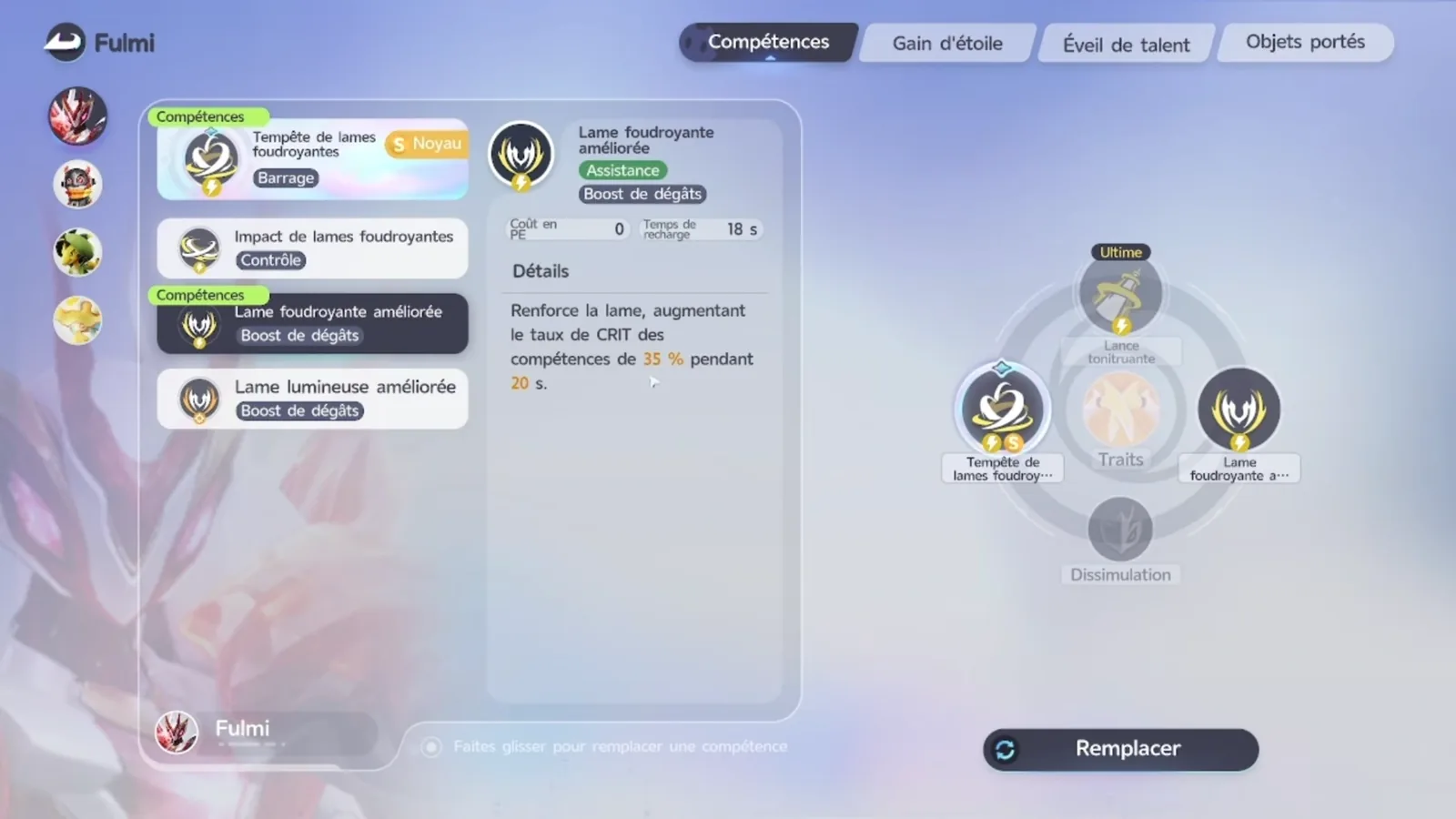 Fulmintis skills in Aniimo with Lightning Surge open: 0 EP, 18 s cooldown, skill CRIT Rate +35% for 20 s, Lightning Rush as Core Skill