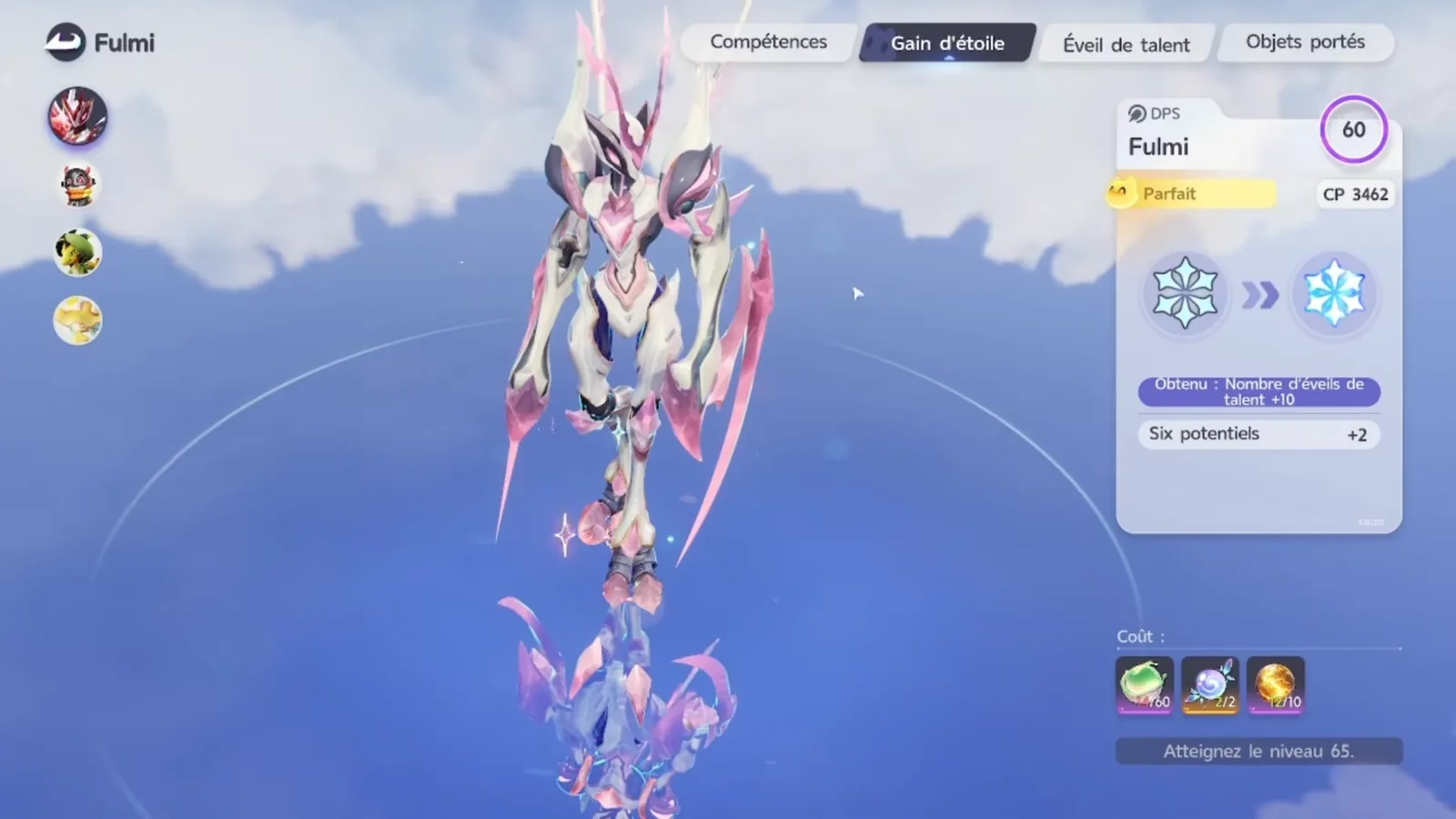 Fulmintis Star Up tab in Aniimo, Gain d’étoile in French: Capability Awakening count +10 and all six Potential +2, cost line reading Reach level 65