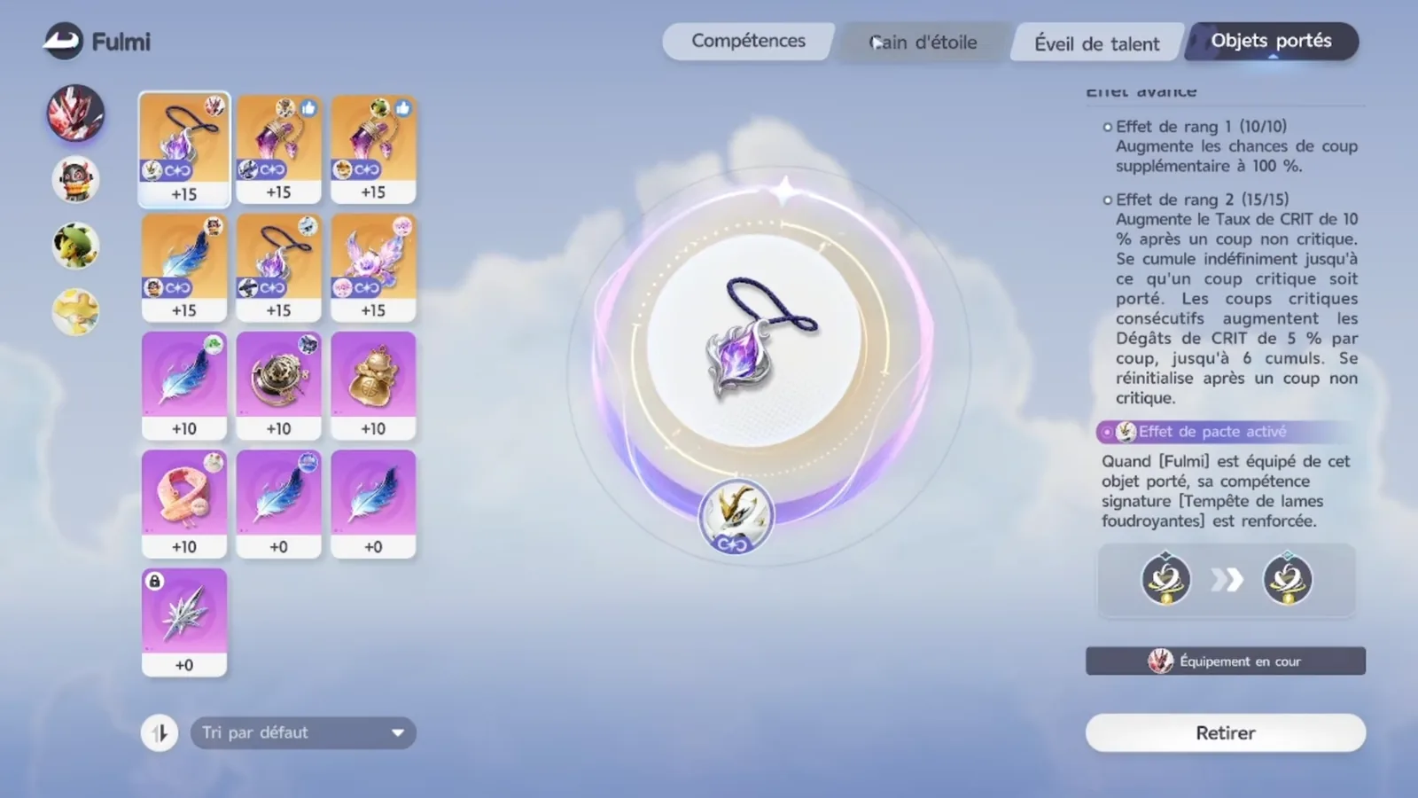 Heartseeker Pendant +15 in Aniimo’s held items, both rank effects at max and the pact active on Fulmintis, enhancing Lightning Rush