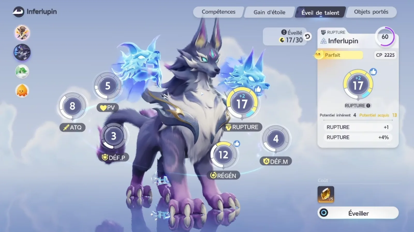 Inferlupa Capability Awakening in Aniimo, Inferlupin in French: Awakened 17/30, BREAK 17 from Innate 4 plus Acquired 13, REGEN 12, ATK 8, Perfect, CP 2225