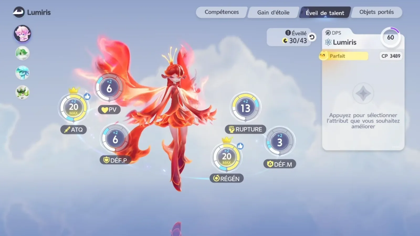 Irisalis Capability Awakening in Aniimo, Lumiris in French: Awakened 30/43, ATK 20 MAX, REGEN 20 MAX, BREAK 13, Perfect, CP 3489