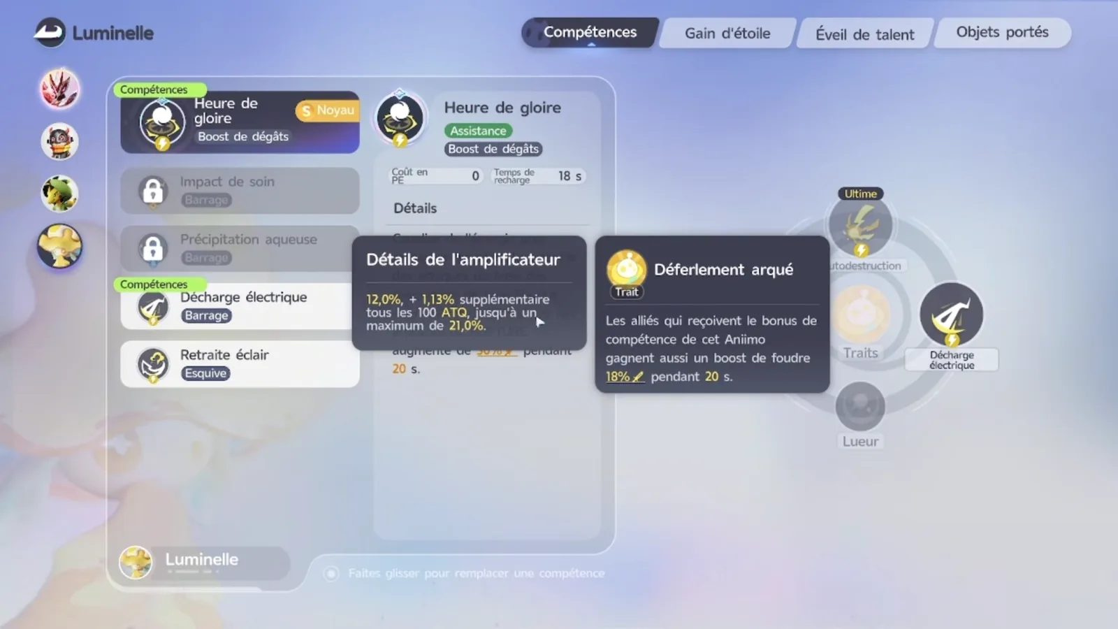 Luminelle’s trait Arc Surge in Aniimo: allies receiving its skill buff gain an 18% Lightning boost for 20 s, amplifier 12.0% plus 1.13% per 100 ATK up to 21.0%