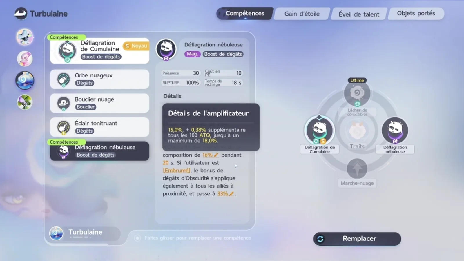 Prismana Turbo’s Nebula Burst in Aniimo, Turbulaine in French: Dark damage +16% for 20 s, 33% when Shrouded in Mist, amplifier 15.0% plus 0.38% per 100 ATK up to 18.0%