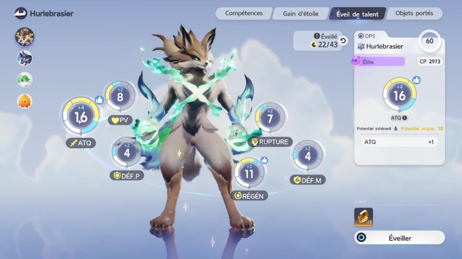 Elite Scorchhowl Capability Awakening in Aniimo: Awakened 22/43, ATK 16 from Innate Potential 6 plus Acquired 10, REGEN 11, BREAK 7, CP 2973