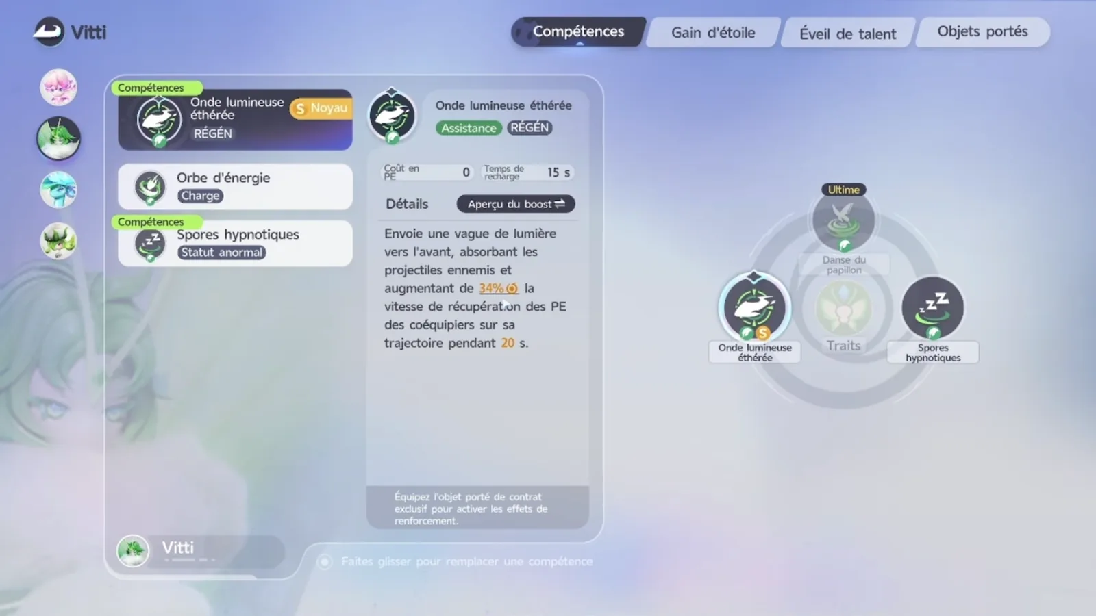 Somniwing’s Ethereal Light Wave in Aniimo, Vitti in French: absorbs enemy projectiles and raises teammates’ EP recovery speed by 34% for 20 s, 0 EP