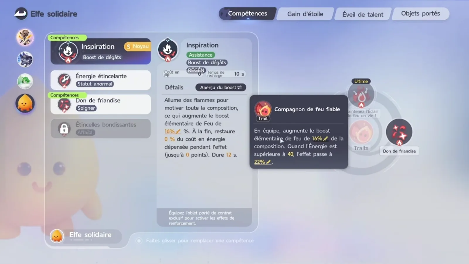 Sparkelf’s trait in Aniimo, Elfe solidaire in French: team Fire Elemental Boost +16%, rising to 22% when Energy is above 40, beside its Core Skill Inspiration
