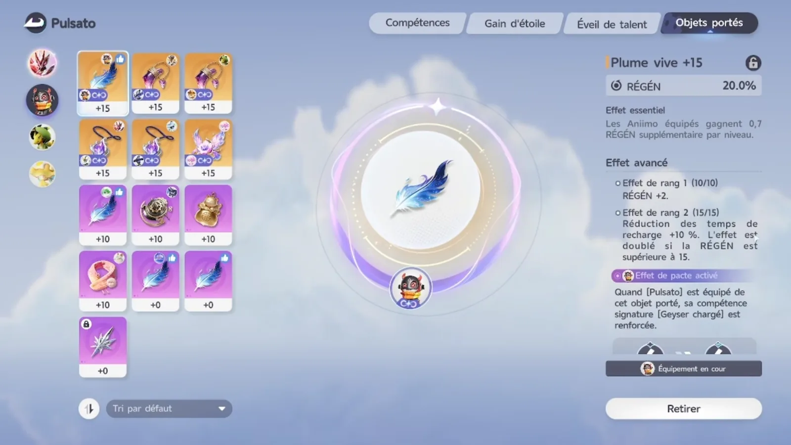 Spirited Feather +15 on Besauce in Aniimo: REGEN 20%, 0.7 REGEN per level, REGEN +2, cooldown reduction +10% doubled above 15 REGEN, pact on Charged Geyser