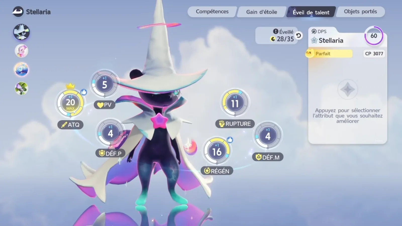 Stellarys Capability Awakening in Aniimo, Stellaria in French: Awakened 28/35, ATK 20 MAX, REGEN 16, BREAK 11, Perfect, CP 3077