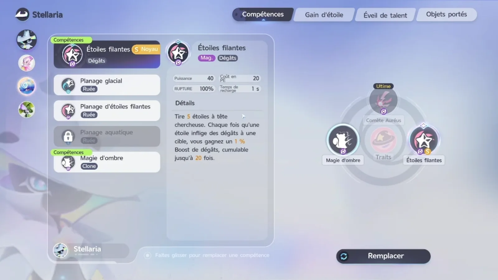 Stellarys’s Starfall in Aniimo, Stellaria in French: fires 5 homing stars, each hit grants a 1% Damage Boost stacking up to 20 times, 40 power, 20 EP