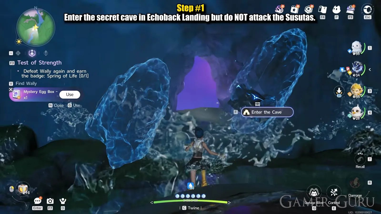 The secret cave entrance in Echoback Landing, a purple-lit opening framed by two glowing blue crystal formations, with the Enter the Cave prompt on screen