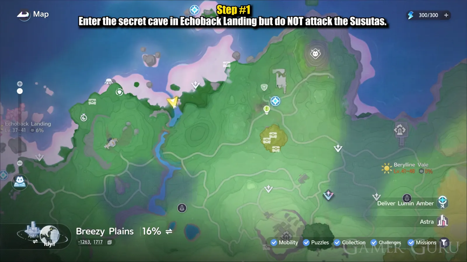 Aniimo world map zoomed to the north coast of Echoback Landing, the player marker standing at the river mouth where the secret cave is