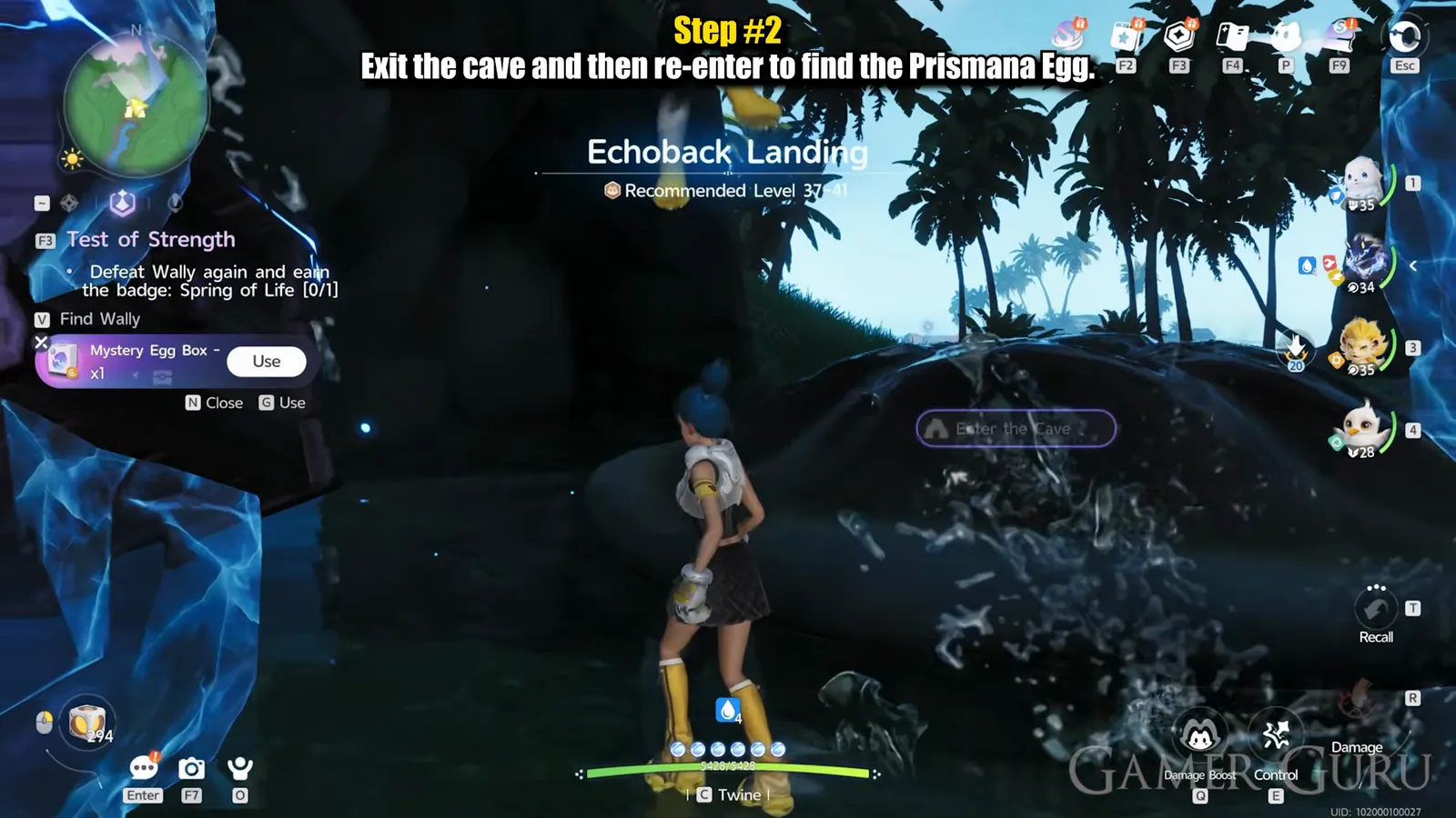 Back outside the cave in Aniimo, the Echoback Landing region banner reading Recommended Level 37-41 with the Enter the Cave prompt on the cave mouth