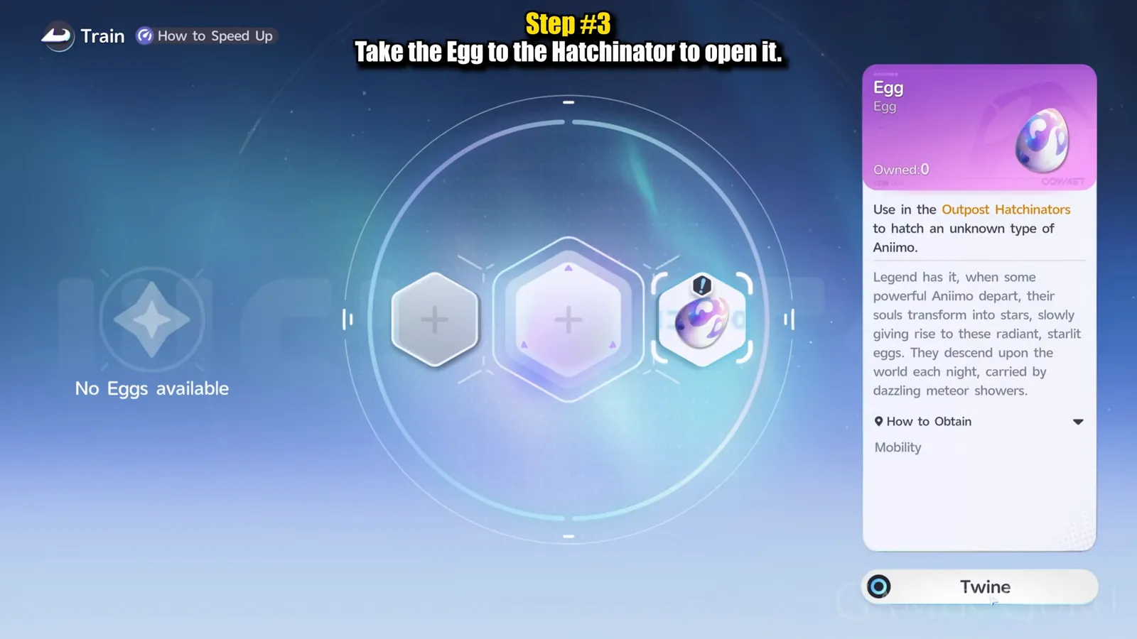The Outpost Hatchinator screen in Aniimo with the Egg loaded and its item card open, reading Use in the Outpost Hatchinators to hatch an unknown type of Aniimo