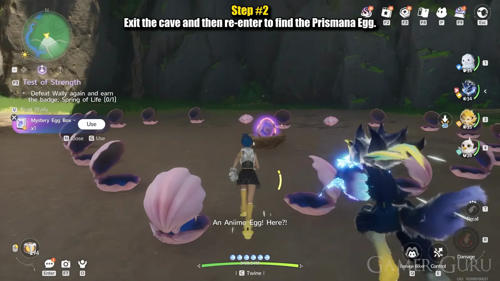 The purple Prismana egg sitting in a twig nest in the middle of the clam ring, after leaving and re-entering the Echoback Landing cave