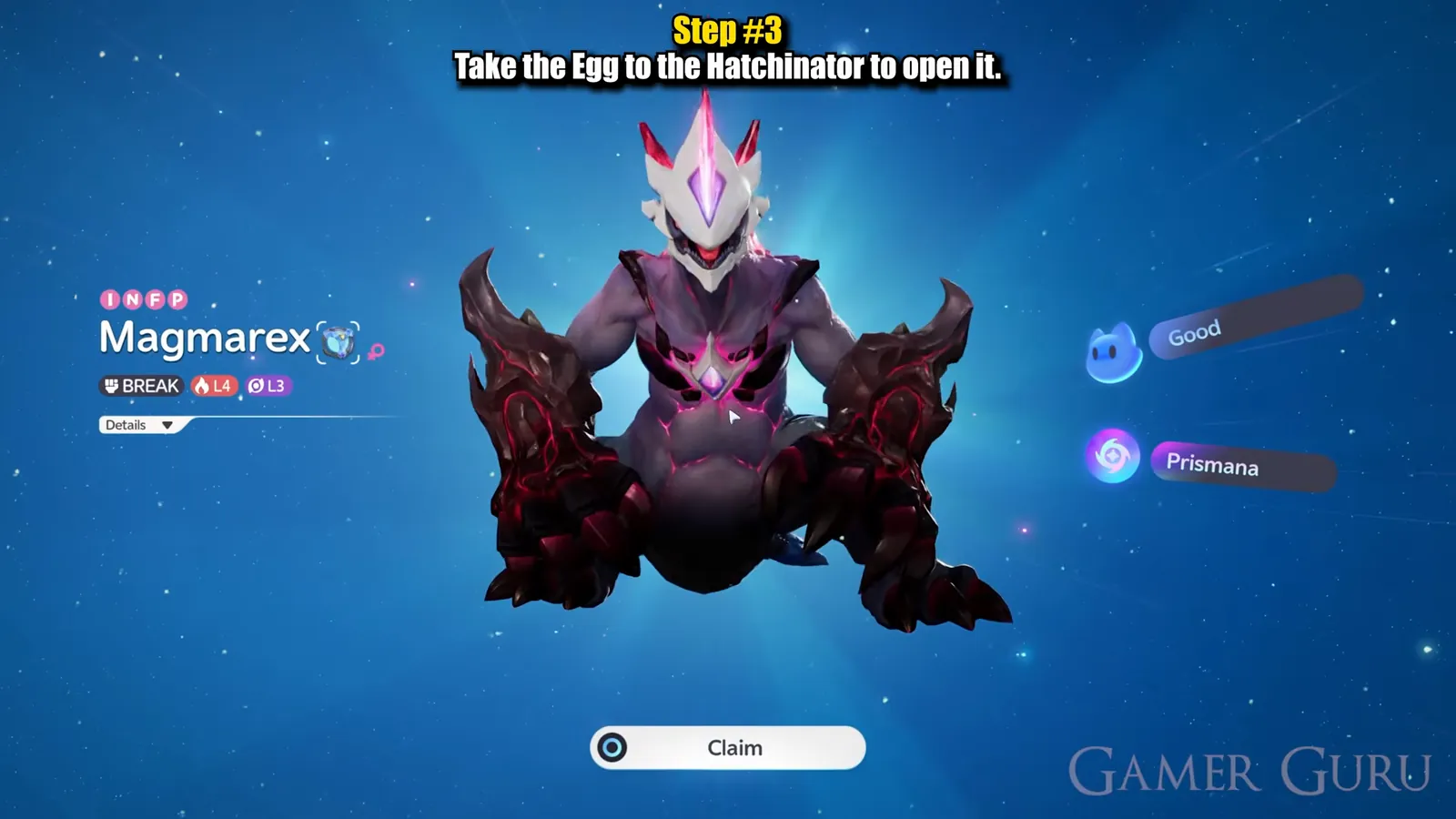 The hatch result screen in Aniimo showing Magmarex with the Prismana and Good tags, a Fire-element BREAK Aniimo at the Nova stage