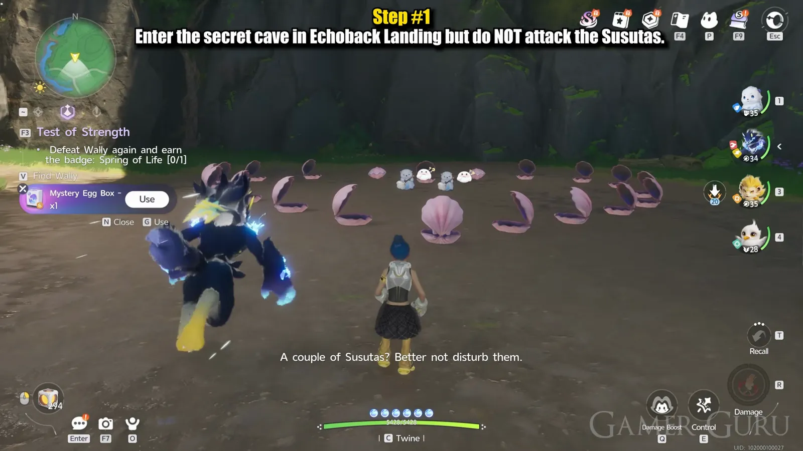The clam chamber inside the Echoback Landing cave, a ring of giant pink clam shells with Susuta Aniimo sitting in them, and no egg on the first visit