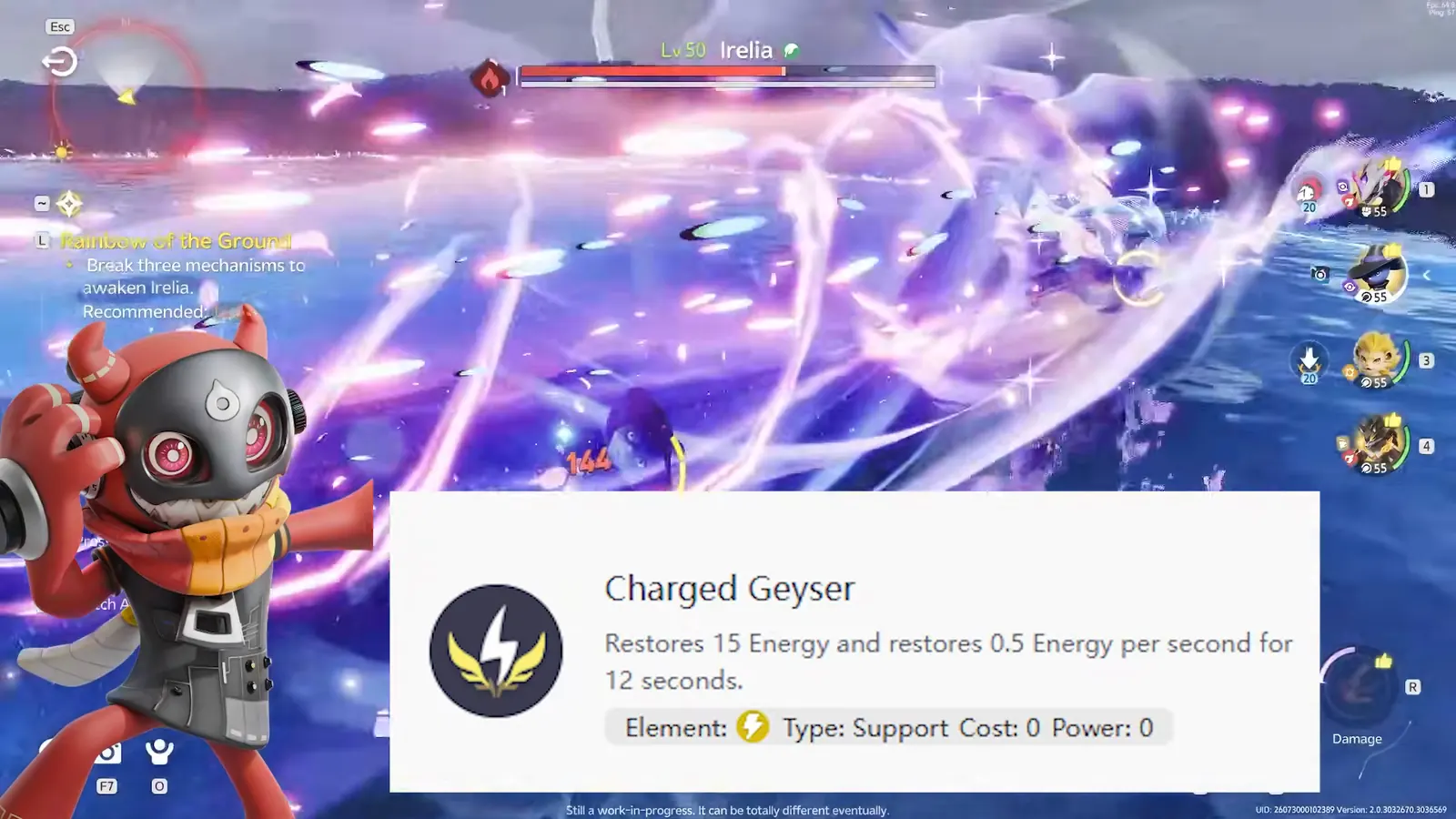 Besauce's Charged Geyser skill card: restores 15 Energy, then 0.5 Energy per second for 12 seconds