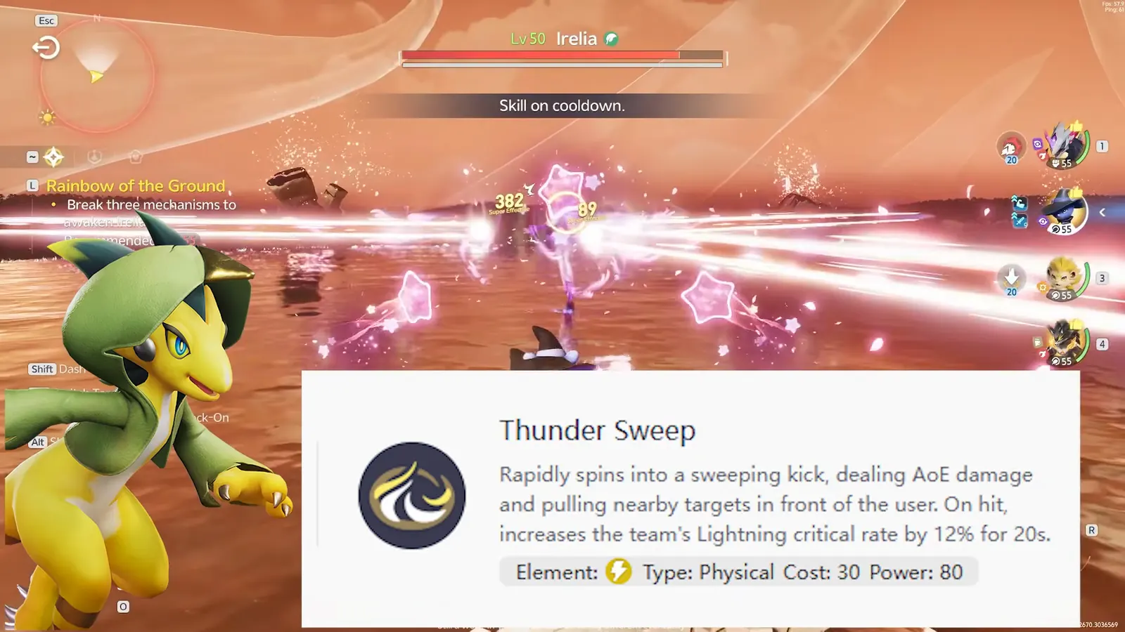 Dazmand's Thunder Sweep skill card: a sweeping kick with AoE damage that pulls targets in and raises the team's Lightning crit rate by 12% for 20 seconds