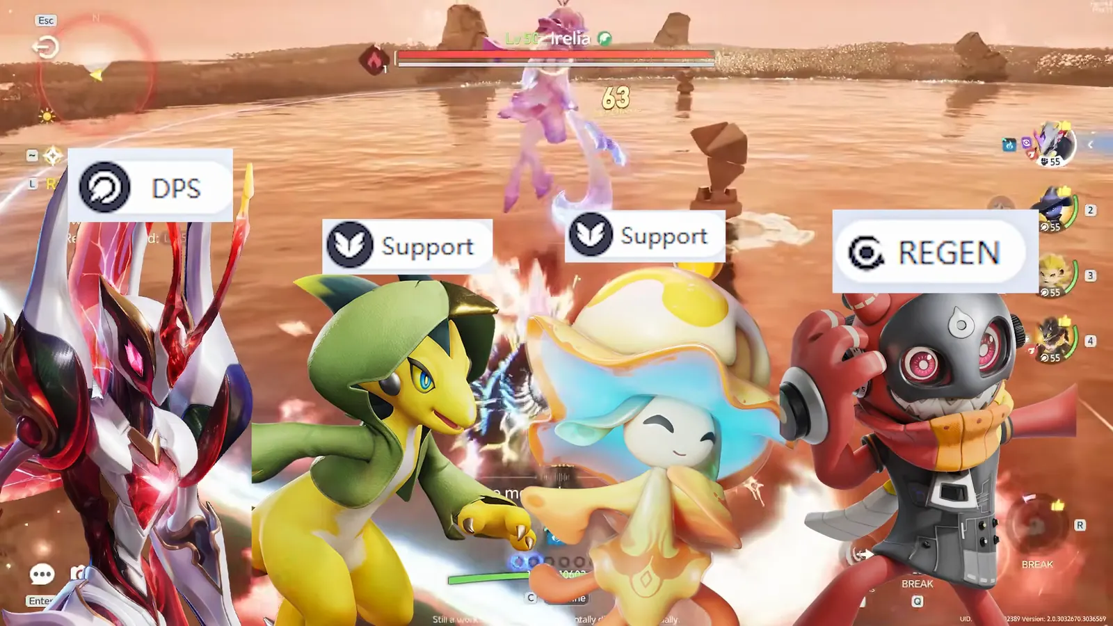 AniimoSync's endgame all-Lightning Fulmintis team mid-fight: Fulmintis as DPS, Dazmand and Luminelle as Support, Besauce as Regen
