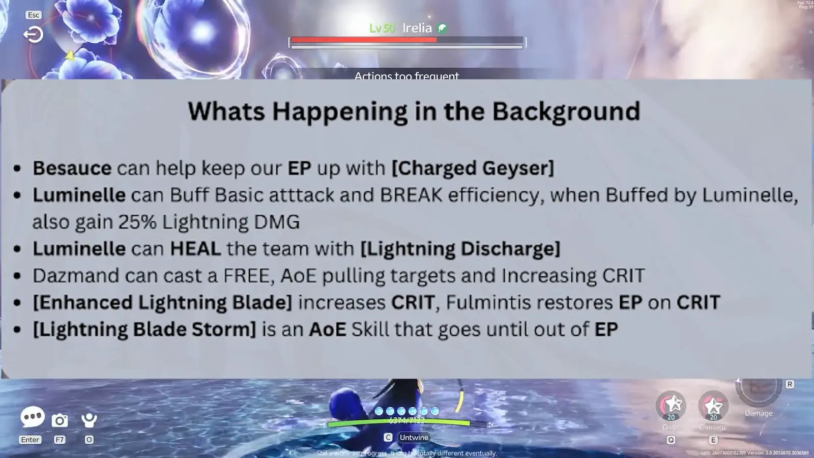 AniimoSync's on-screen recap of the endgame rotation: Besauce keeps EP up with Charged Geyser, Luminelle buffs basic attacks and Break, Dazmand pulls and raises crit, Fulmintis restores EP on crit
