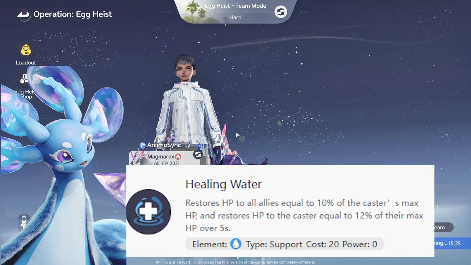 Glacy's Healing Water skill card: restores HP to all allies equal to 10% of the caster's max HP, and 12% to the caster over 5 seconds